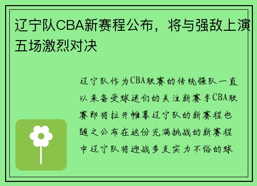辽宁队CBA新赛程公布，将与强敌上演五场激烈对决