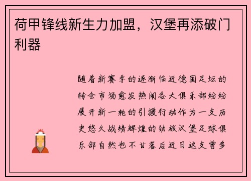 荷甲锋线新生力加盟，汉堡再添破门利器