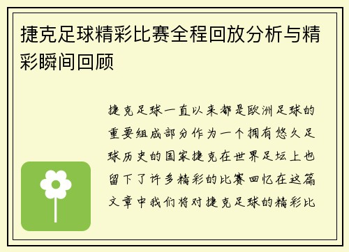 捷克足球精彩比赛全程回放分析与精彩瞬间回顾